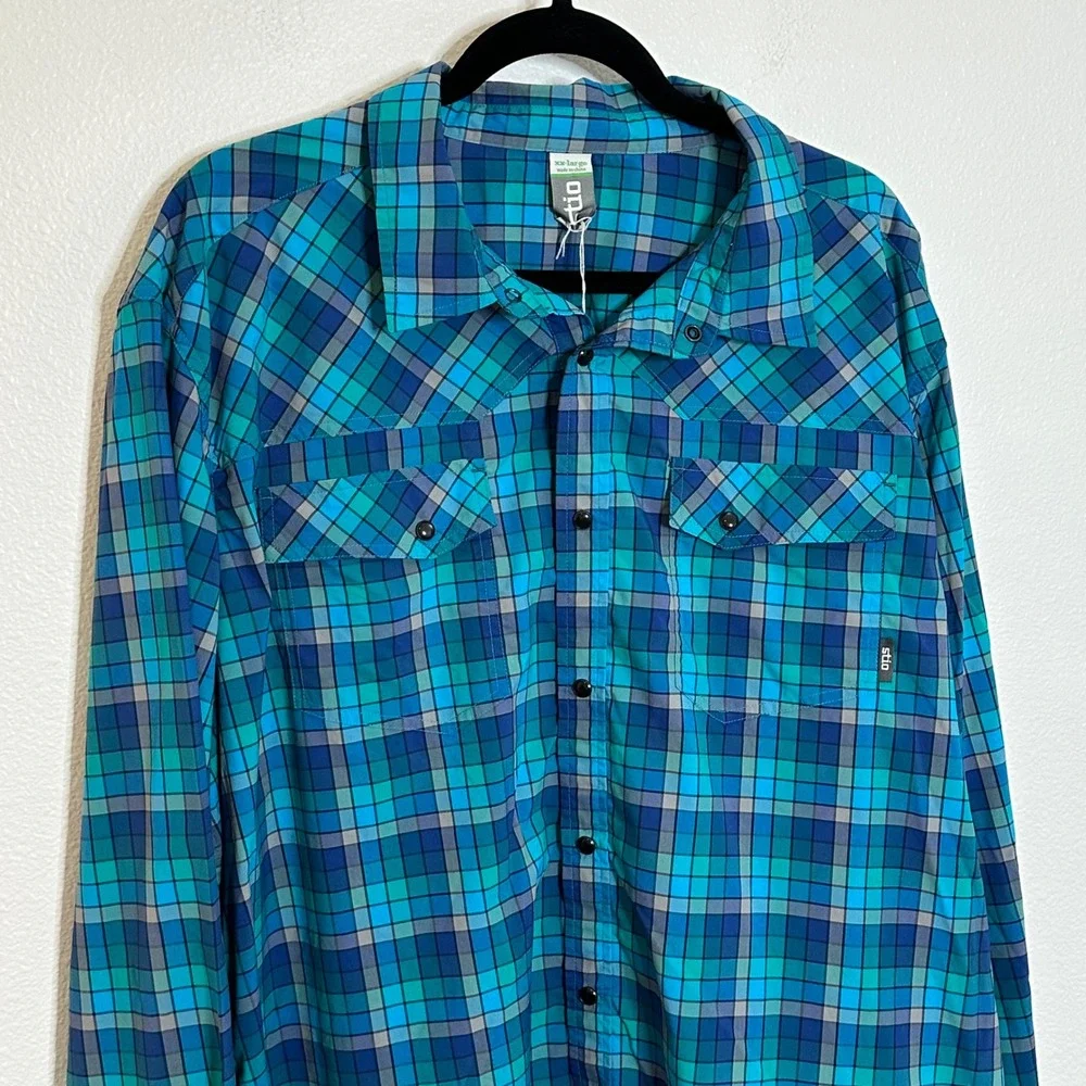 Stio Snap Front Long Sleeve Casual‎ Shirt Size XXL Blue Windowpane Plaid Outdoor